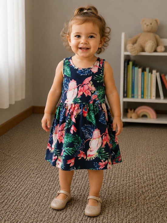 H&M Other - H&M Girls Navy Blue Tropical Cockatoo Parrot Floral Tank Dress 2-4T